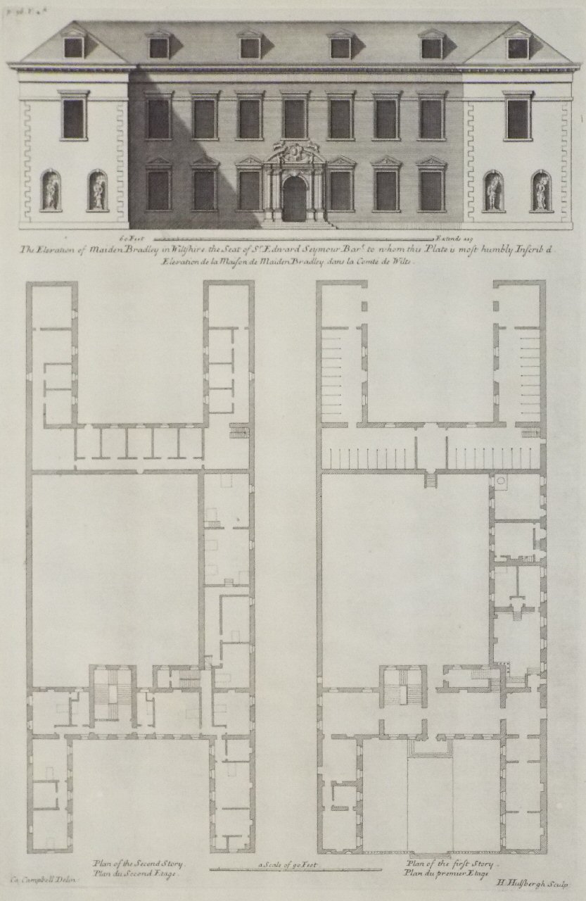 Print - The Elevation of Maiden Bradley in Wiltshire, the Seat of Sr. Edward Seymour Bart. to whom this Plate is most humbly Inscrib'd - Hulsbergh